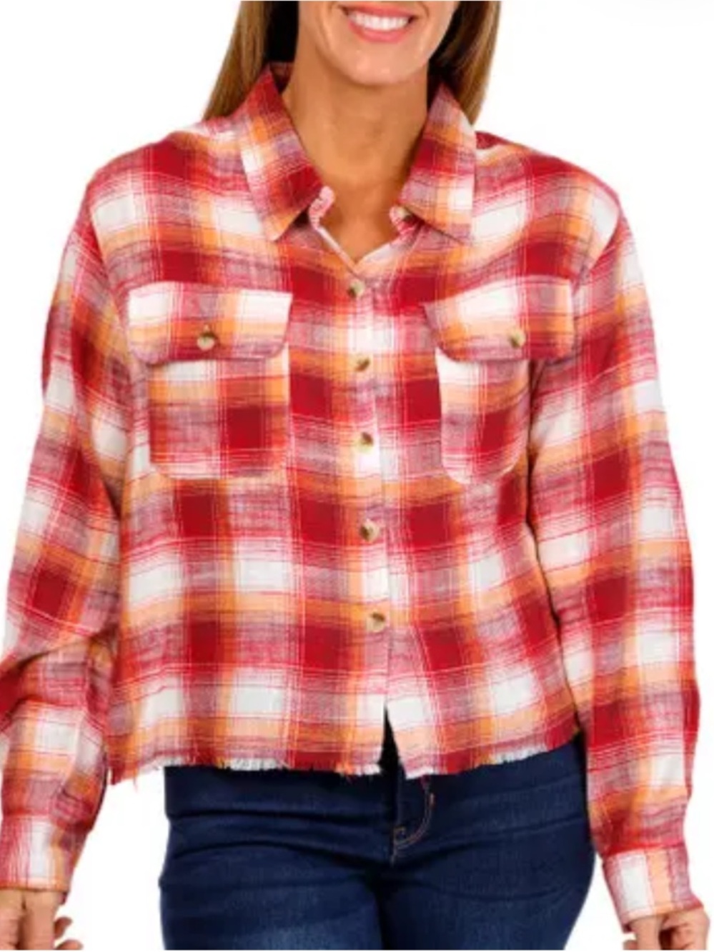 NWT Women’s Bunulu fringe bottom plaid flannel Shirt Size S